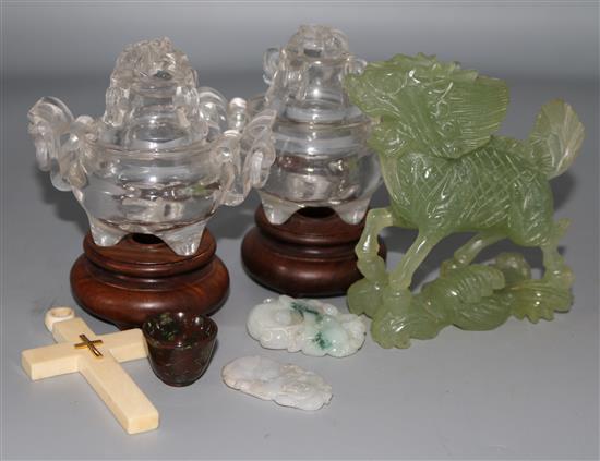 A pair of carved crystal Oriental lidded pots on stands, harwstone flagon, 2 Jade carvings, cross etc